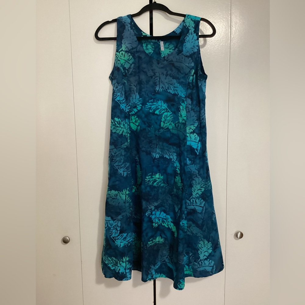 Blue and Green batik Leaf Print Sara Dress by blue sky
